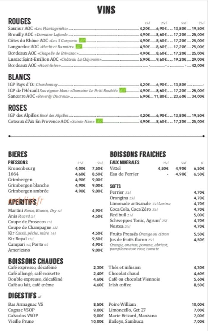 Carte boissons vins et bières du Village d'Auteuil