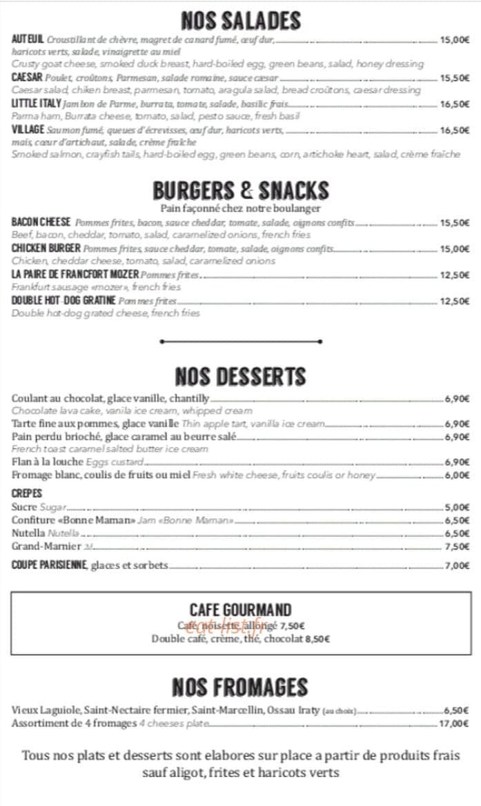Carte salades burgers desserts du Village d'Auteuil